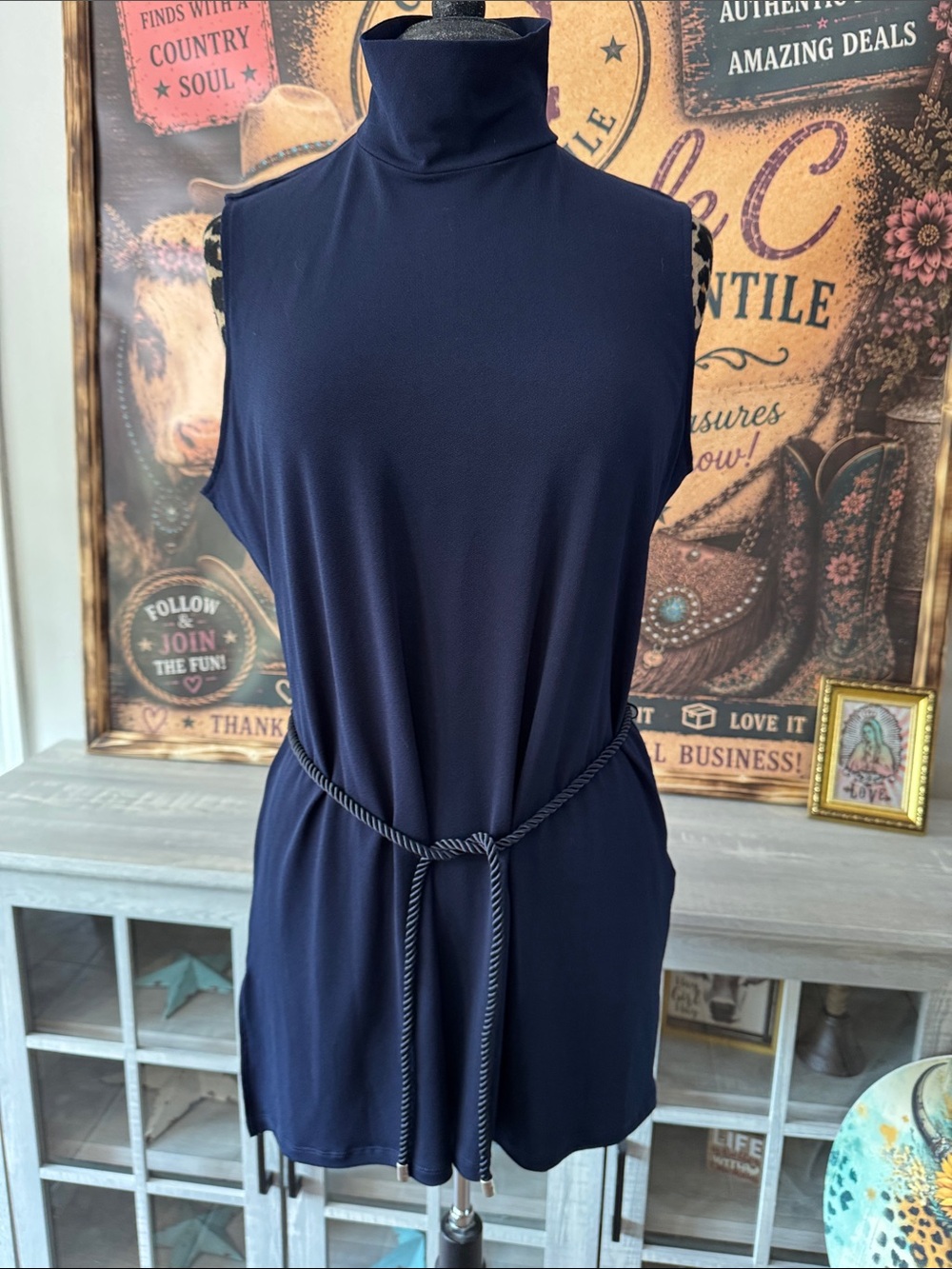 NWT LAUREN Sleeveless Turtleneck Belted Navy Top w/Rope Tie - Women's Size XL